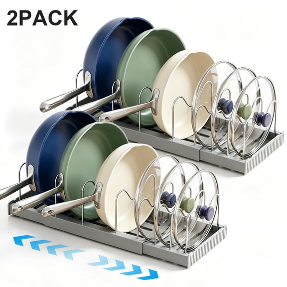 MOJINO 2 Pack Expandable Pots and Pans Organizer Under Cabinet, Pot and Pan Organizer, Pot Lid Organizer with Adjustable Dividers, Elegant Grey