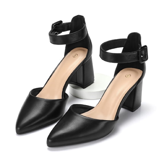 LuckLilac Women's Pointed Toe Pumps Block Heel Ankle Strap Adjustable Buckle Heels sandals Dress Shoes for Casual Party Daily Wear