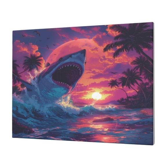 Naloa Hawaiian Island Beach Shark Print Canvas Picture,Wall Pictures, Modern Decorative Poster,Art Prints for Bedroom, Toilet, 40 x 30 cm, Built-in Wooden Frame
