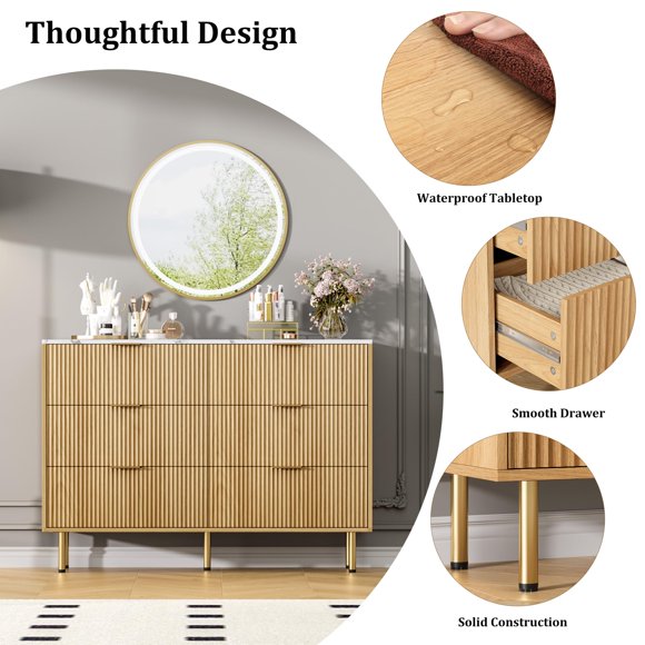 GloryStar Commode Cannelée à 6 Tiroirs pour Chambre, Commode Moderne, Grande Commode Brune avec Dessus en Faux Marbre et Poignée Dorée, Organisateur de Tiroirs en Bois pour Chambre, Salon, Couloir, Entrée