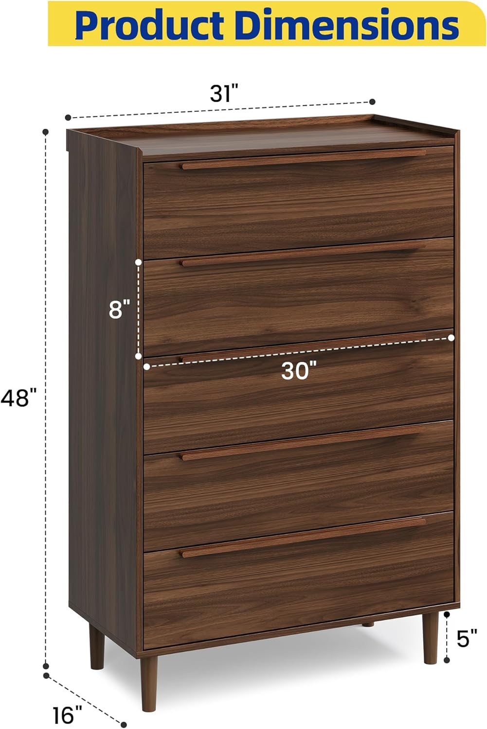 5-Drawer Dresser, 48" Tall Walnut Chest of Drawers for Bedroom, Mid Century Modern Storage Organizer for Closet, Hallway, or Small Apartment
