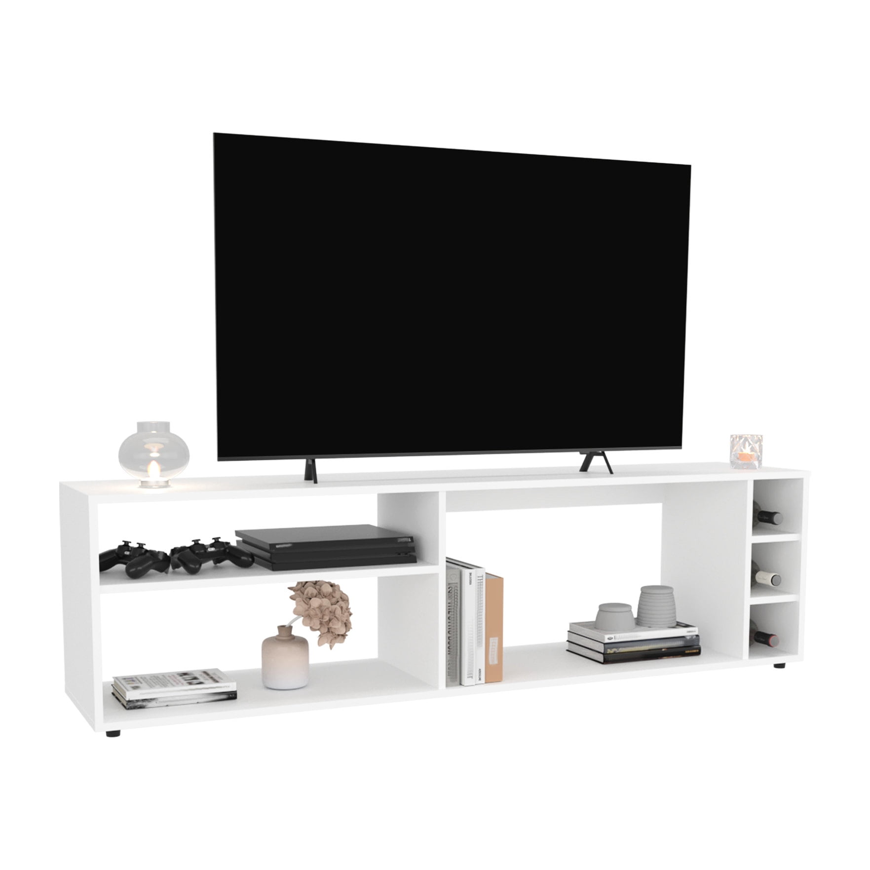 63" Width, White Finish - Cable Management for Clutter - Free - Living Room - Versatile Storage Options