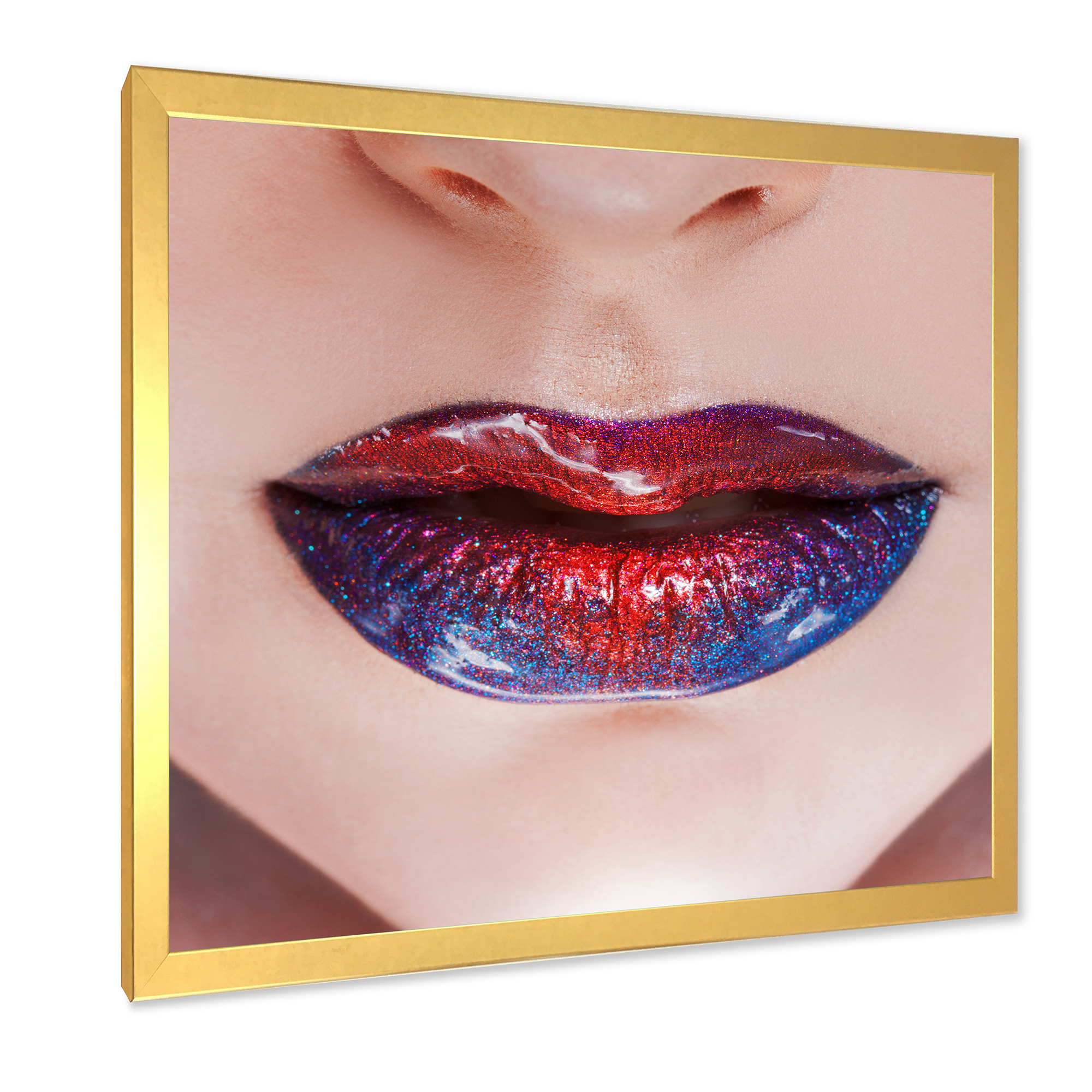 Designart 'Beautiful Women Lips With Red and Blue Lipstick' Modern Framed Art Print