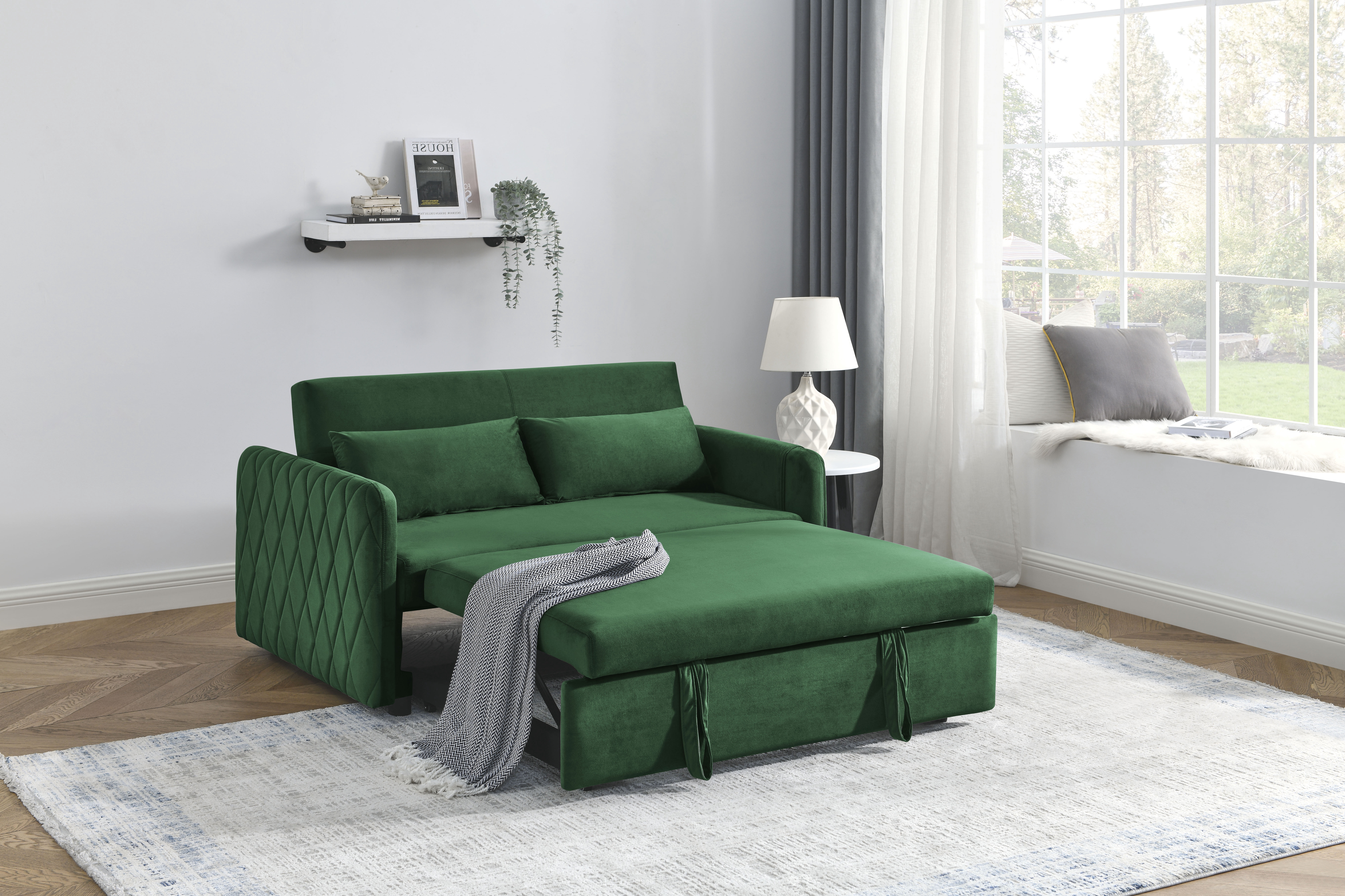 MAYEERTY 55" Modern Convertible Sofa Bed with Arm Pockets & Adjustable Back (Velvet)
