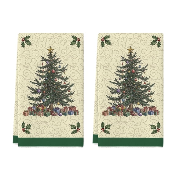 Sm:)e Christmas Tree, Gift Box Christmas Dish Towels Set of 2, 18×26 Inch, Green Border Holiday Themed Winter Hand Towels for Kitchen and Dining Table