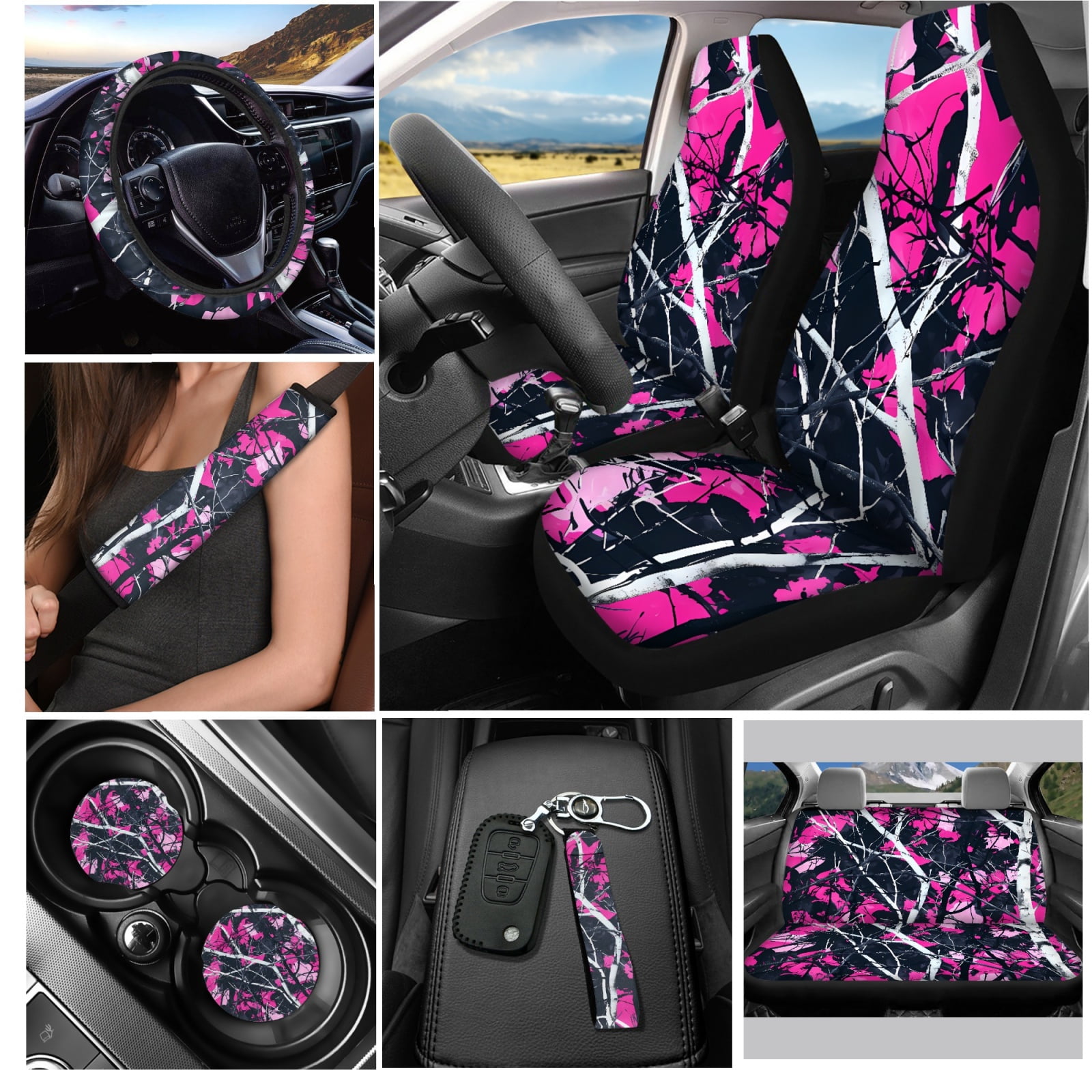 Yuyamidu Camo Hunting Car Seat Cover Set 12 PCS Pink Wood Steering Wheel Cover Seat Belt Pads Coasters Key Chain Lip Balm Holder Keychain Universal Fit