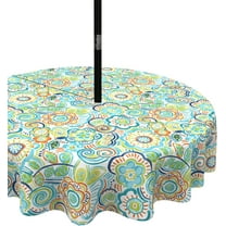 Outdoor Tablecloth with Umbrella Hole and Zipper, 60 Inch Water-Repellent Patio Table Cloth, Round Table Covers for Backyard Garden, Flower Blue