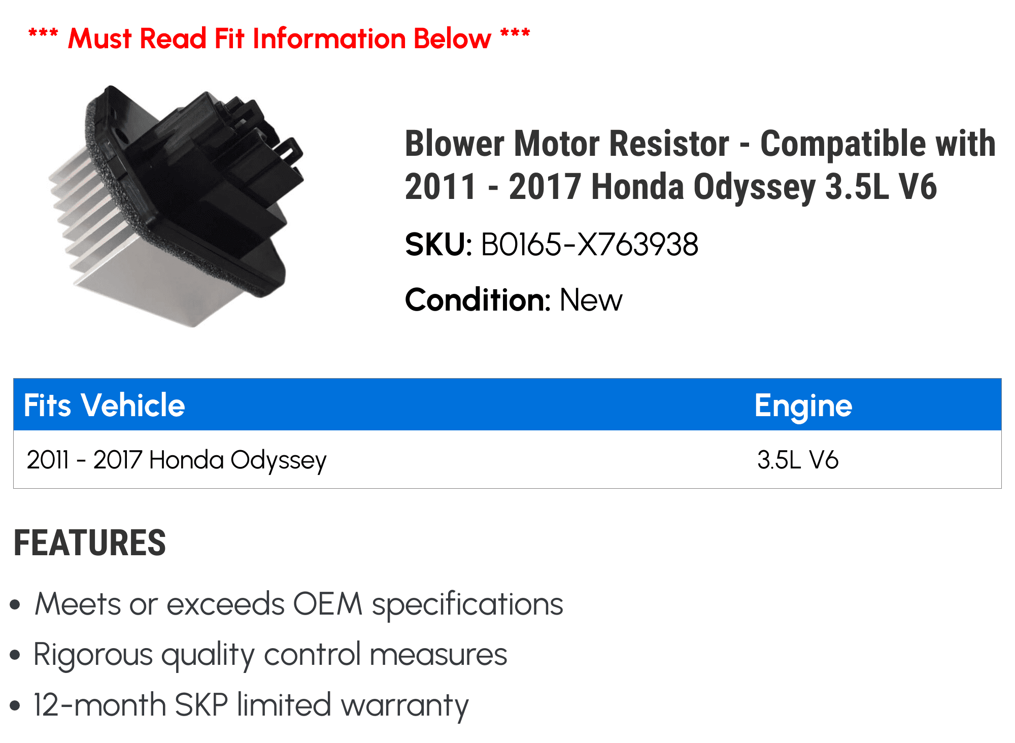 Blower Motor Resistor - Compatible with 2011 - 2017 Honda Odyssey 3.5L V6 2012 2013 2014 2015 2016