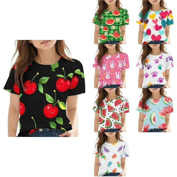 Ahuyic Summer Toddler Girls Short Sleeve Tshirt,Girls Casual Blouse And Tank Tops,3-14 Years Kids Short Sleeve T-Shirt Round Neck Top For Girls And Boy Tee