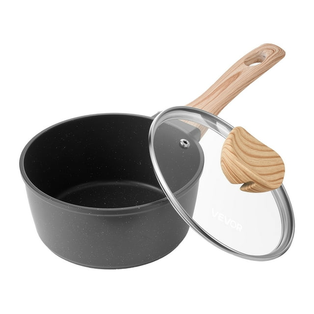 VEVOR 1.5 QT saucepan with a black speckled nonstick marble coating, tempered glass lid, and detachable wooden handle. Ideal for small-batch cooking, including sauces, soups, oatmeal, and milk. Features a flared rim for drip-free pouring and a screw-secured ergonomic handle. Compatible with induction, gas, and electric stovetops.