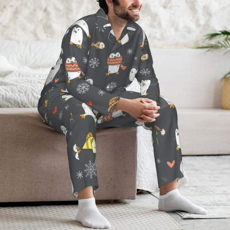 Mens Pajamas Set funny penguin Button Down Pajamas for Men Long Sleeve Mens Sleepwear Lounge Pjs Set Walmart