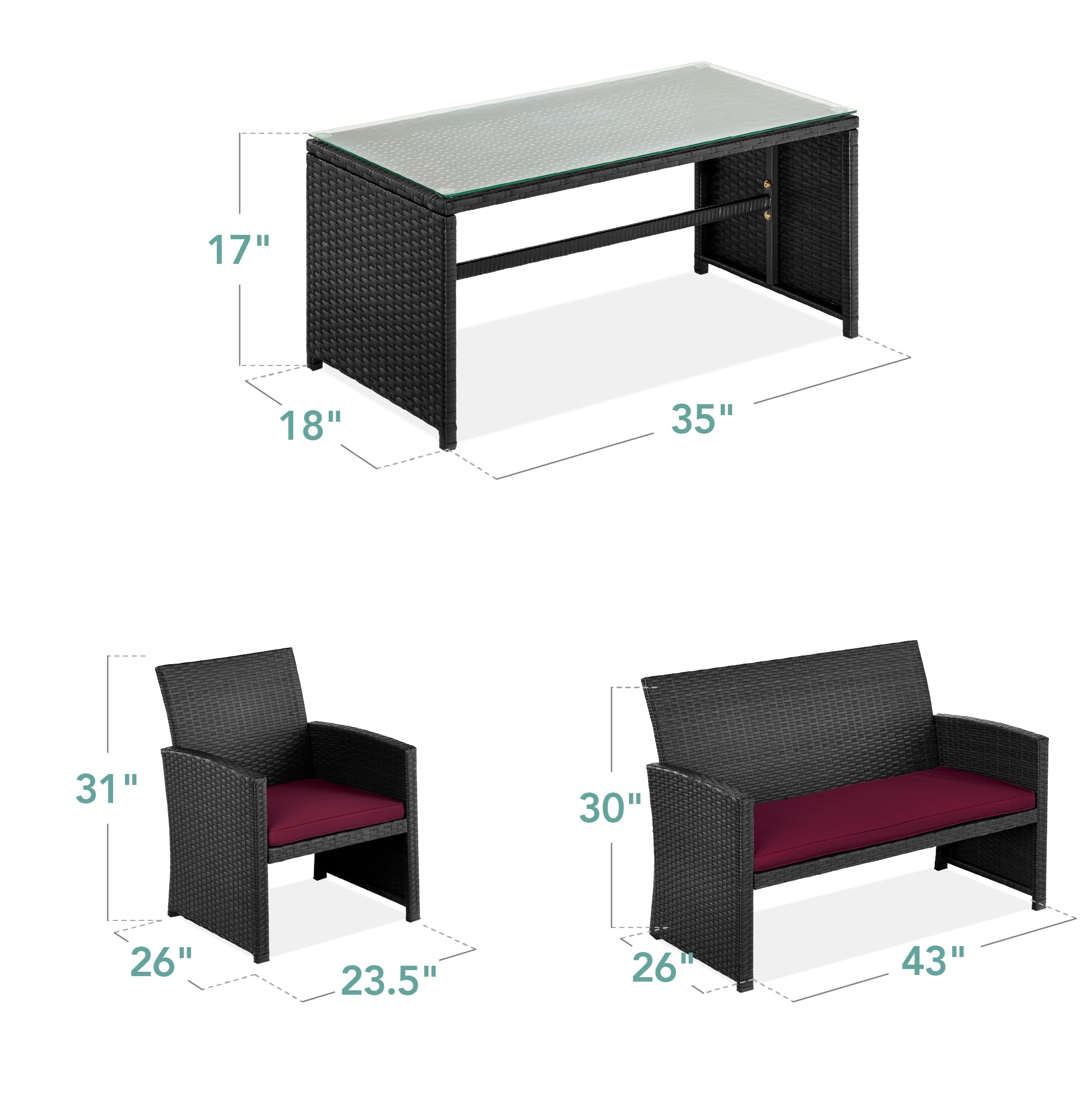 Best Choice Products 4-Piece Outdoor Wicker Patio Conversation Furniture Set w/ Table, Cushions - Black/Deep Burgundy
