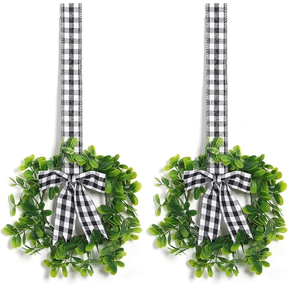 2 Pack 9 Inch Mini Eucalyptus Wreaths – Artificial Greenery with Buffalo Plaid Bow & Ribbon | Small Farmhouse Decor for Front Door, Cabinet, Chair & Window