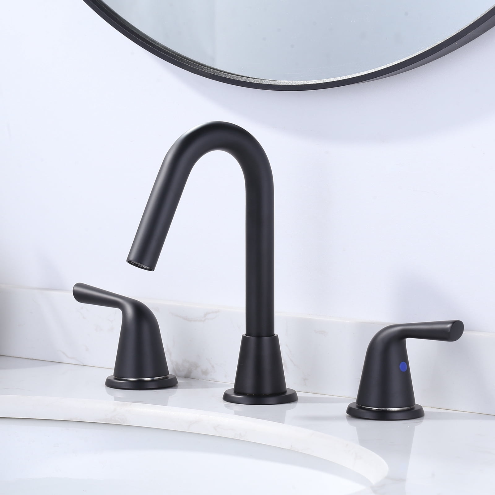 WOWOW Widespread Bathroom Faucets for Sink 3 Hole Matte Black, 8 inch Bathroom Faucet with Pop Up Drain Assembly and Water Supply Lines 2 Handle 360° Swivel Spout Basin Faucets for Vanity Lavatory