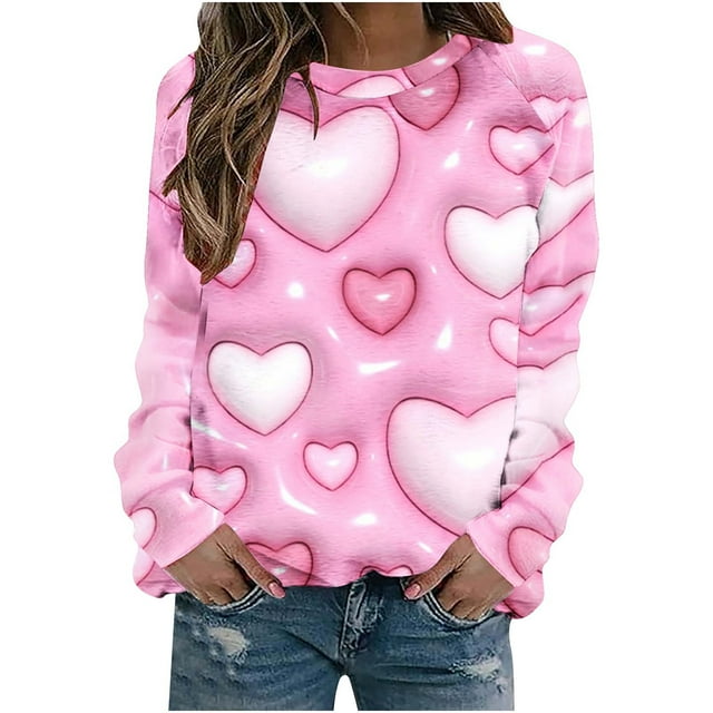 VALMASS Chandails en Molleton de la Saint-Valentin pour Femmes Manches Longues Imprimé Cœur Hauts Décontractés Col Rond Extérieur Blouses (S, Rose-B)