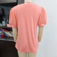 thumbnail image 2 of Women V Neck Top Short Puff Sleeves Lace Splicing Pure Color Loose Fitting Summer T Shirt Orange Pink L, 2 of 3