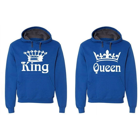 FASCIINO Matching His & Hers Couple Hooded Sofspun Sweatshirt Contrast hood Set - King and Queen (White Print)