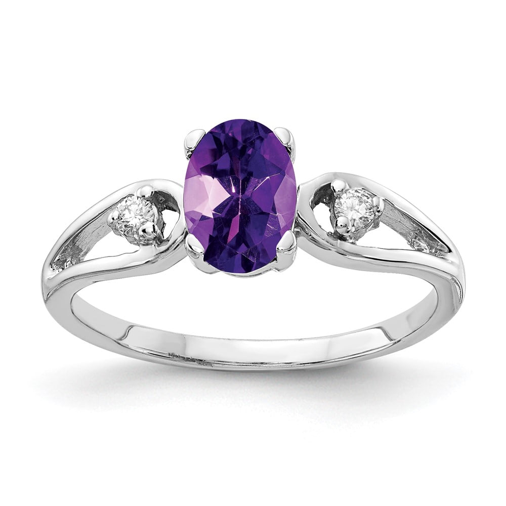 14k White Gold Ring Gemstone Womens Diamond 0.05 ct 0.75 7x5mm Oval Amethyst AA