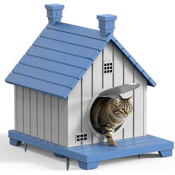 FICARTS Indoor/Outdoor Cat House, Weather-Resistant Pet Shelter with Elevated Base, Multi-Entry Cat Cottage for Feral & Household Cats