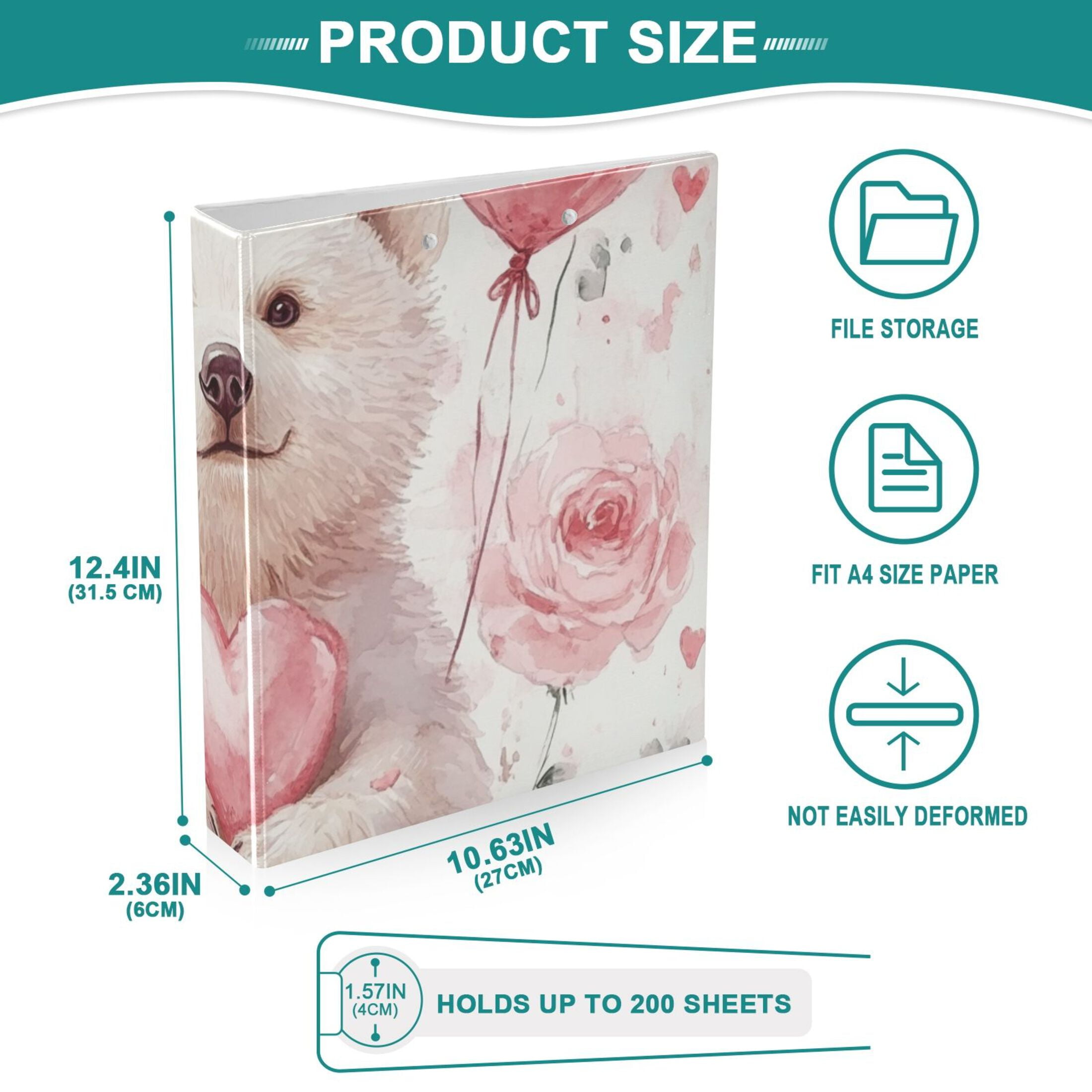 Bear Roses Hearts 3 Ring Binders 1.5 inch Hardcover File Folders with Interior Pockets A4 Size Organizer for School Office Hospital