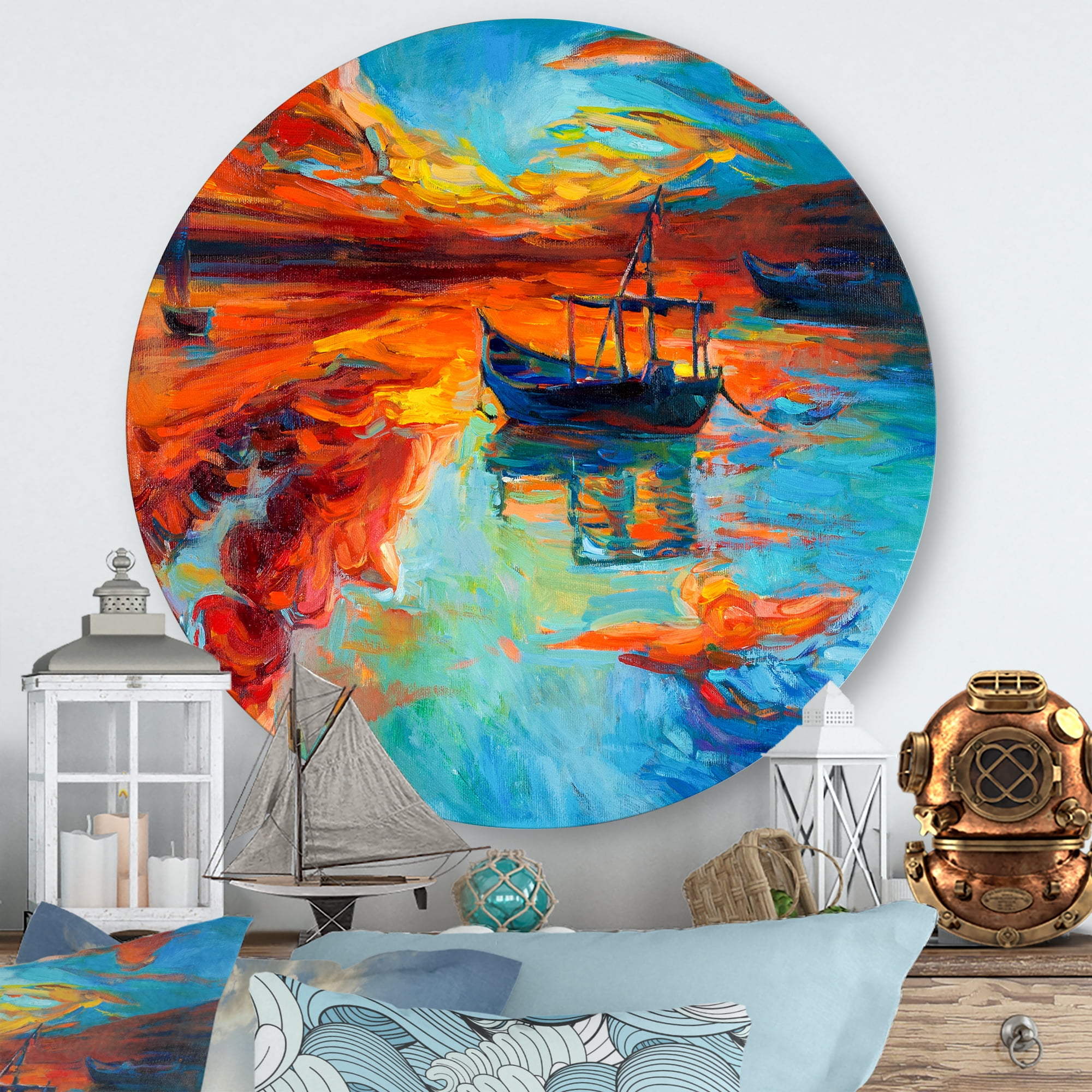 Designart 'Boat At The Lake During Evening Glow IV' Nautical & Coastal Circle Metal Wall Art 23x23 - Disc of 23