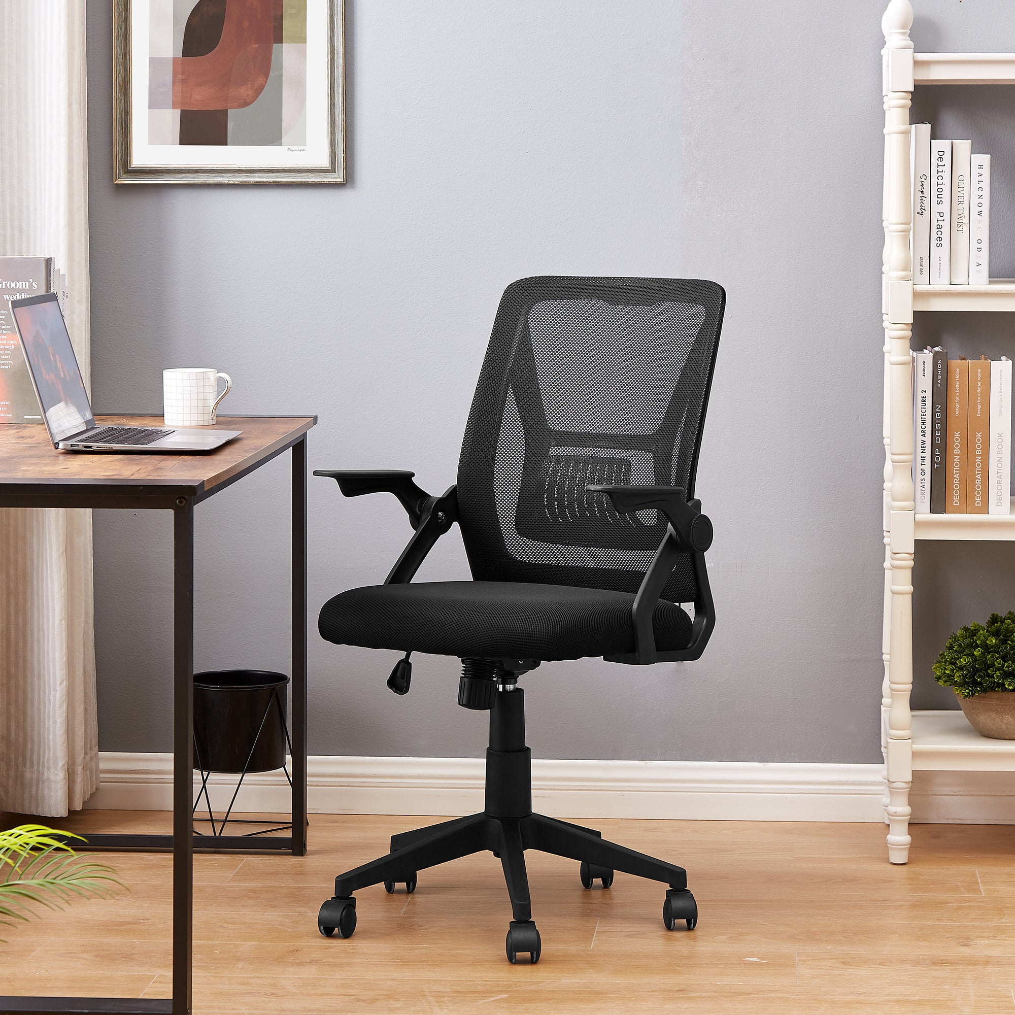 VECELO Mid-Back Swivel Adjustable Ergonomic Office Chair, Mesh Lumbar Support and Adjustable Arms Task Chair for Computer, Black