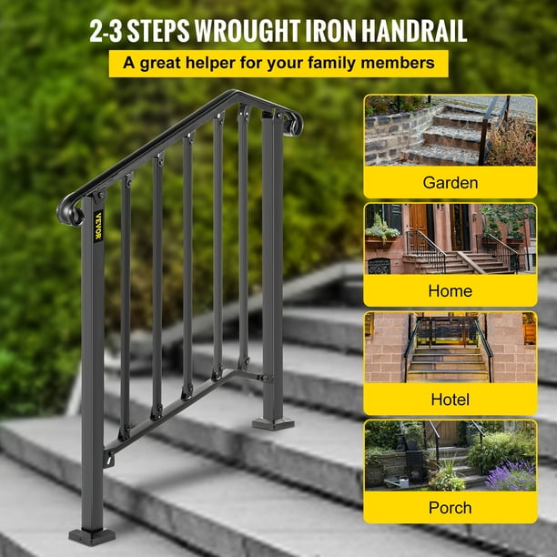VEVORbrand Handrail for Stairs Fits 2 or 3 Steps Outdoor Wrought Iron Handrail Height adjustable Stair Railing, Matte Black - Walmart.com Vevorbrand Handrail For Stairs Fits 2 Or 3 Steps Outdoor Wrought Iron Handrail Height Adjustable Stair Railing, Matte Black - Walmart.Com