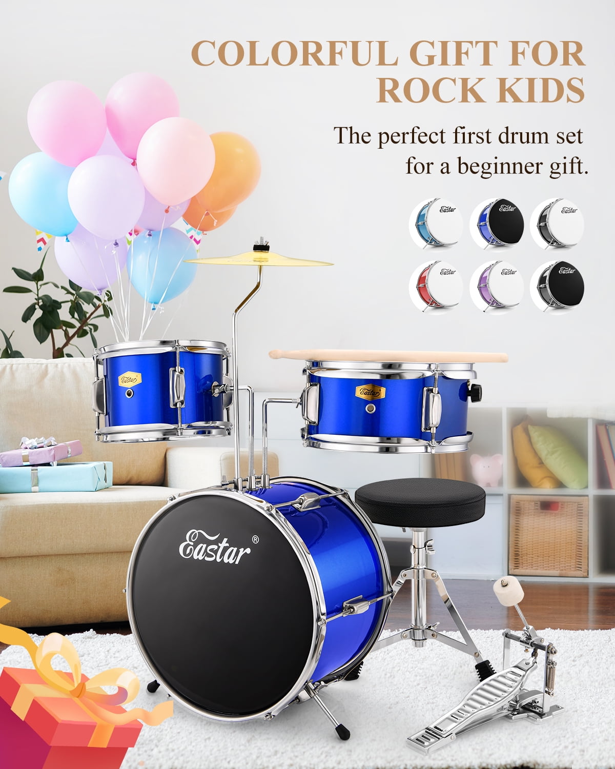 Eastar Kids Drum Set for Gift 14" 3-Piece Drums Kits with Bass Tom Snare, Adjustable Throne, Cymbal, Pedal, Drumsticks, Mirror Blue