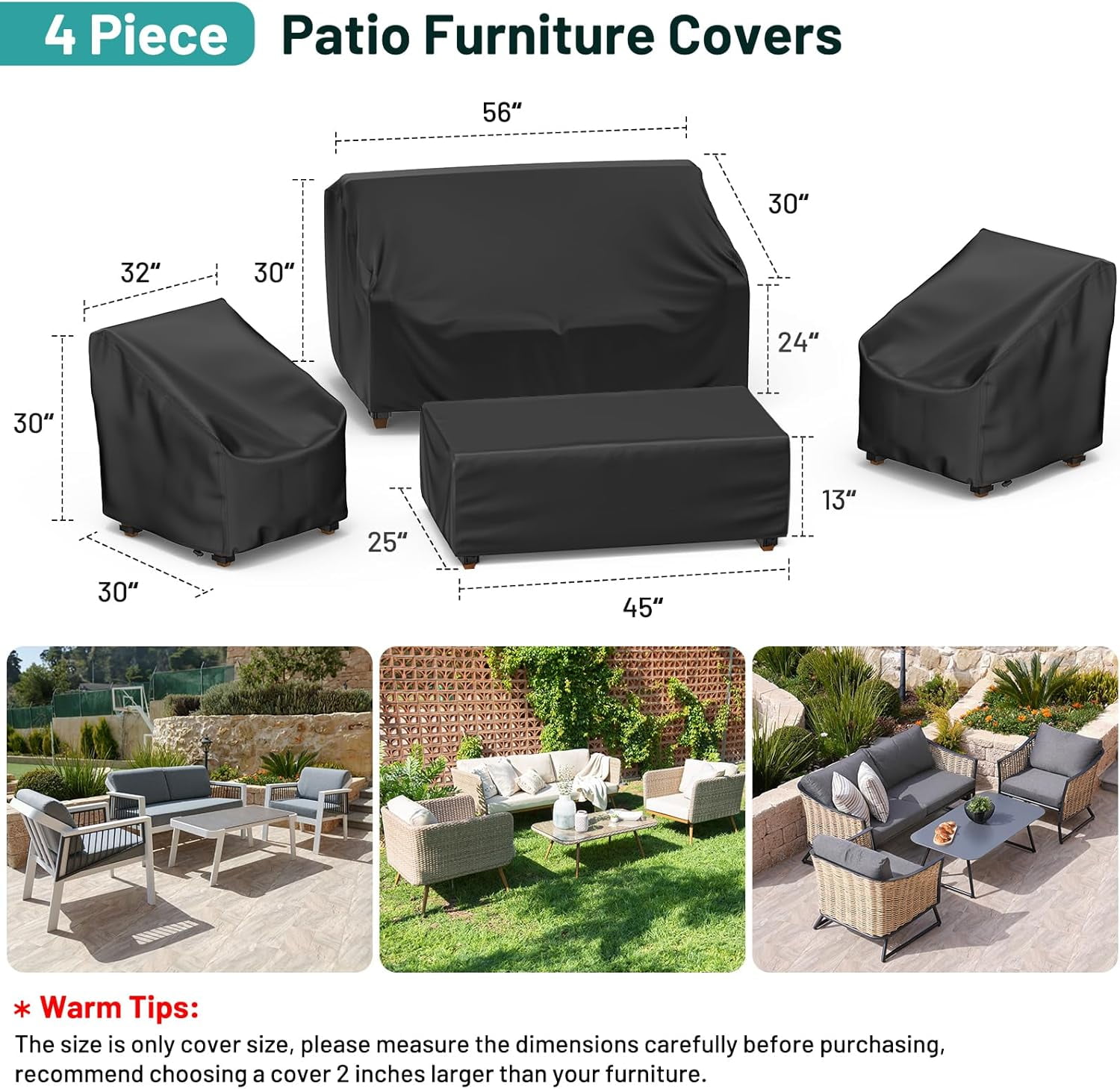 4 Pcs Patio Furniture Covers Waterproof, 420D Heavy Duty Tear-Resistant Outdoor Furniture Cover with Windproof Buckles & Adjustable Drawstring