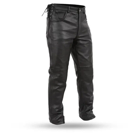 First Mfg Co - Baron - Men's Motorcycle Biker Riding Black Leather Pants - Size 30 - Side Lacing Detail Zipper Down The Legs