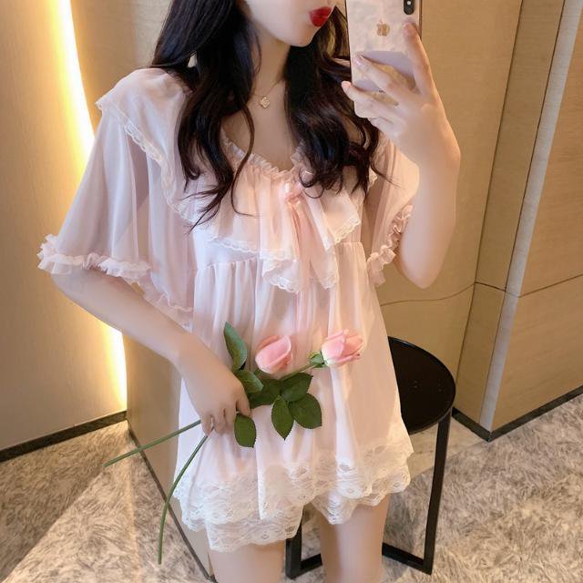Conjunto de Pijama de malla con volantes para mujer, ropa de dormir con pantalones cortos, ropa interior de verano con cuello en V, ropa de noche de encaje