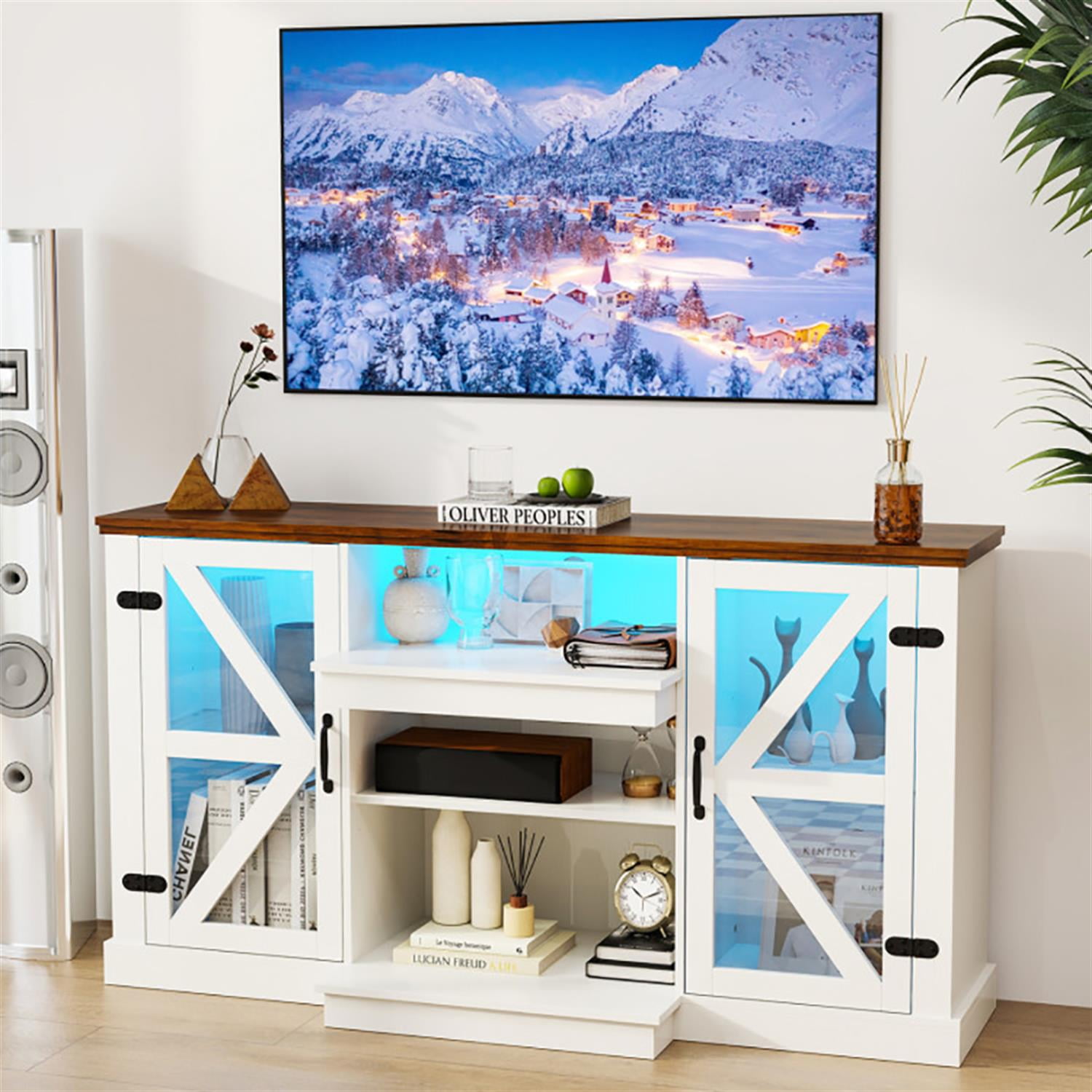 Demi Bonn TV Stand for 68" TVs, Entertainment Center with 3-Level Shelves and 22 Dynamic Modes, Modern Media TV Console Table for Living Room Bedroom, White