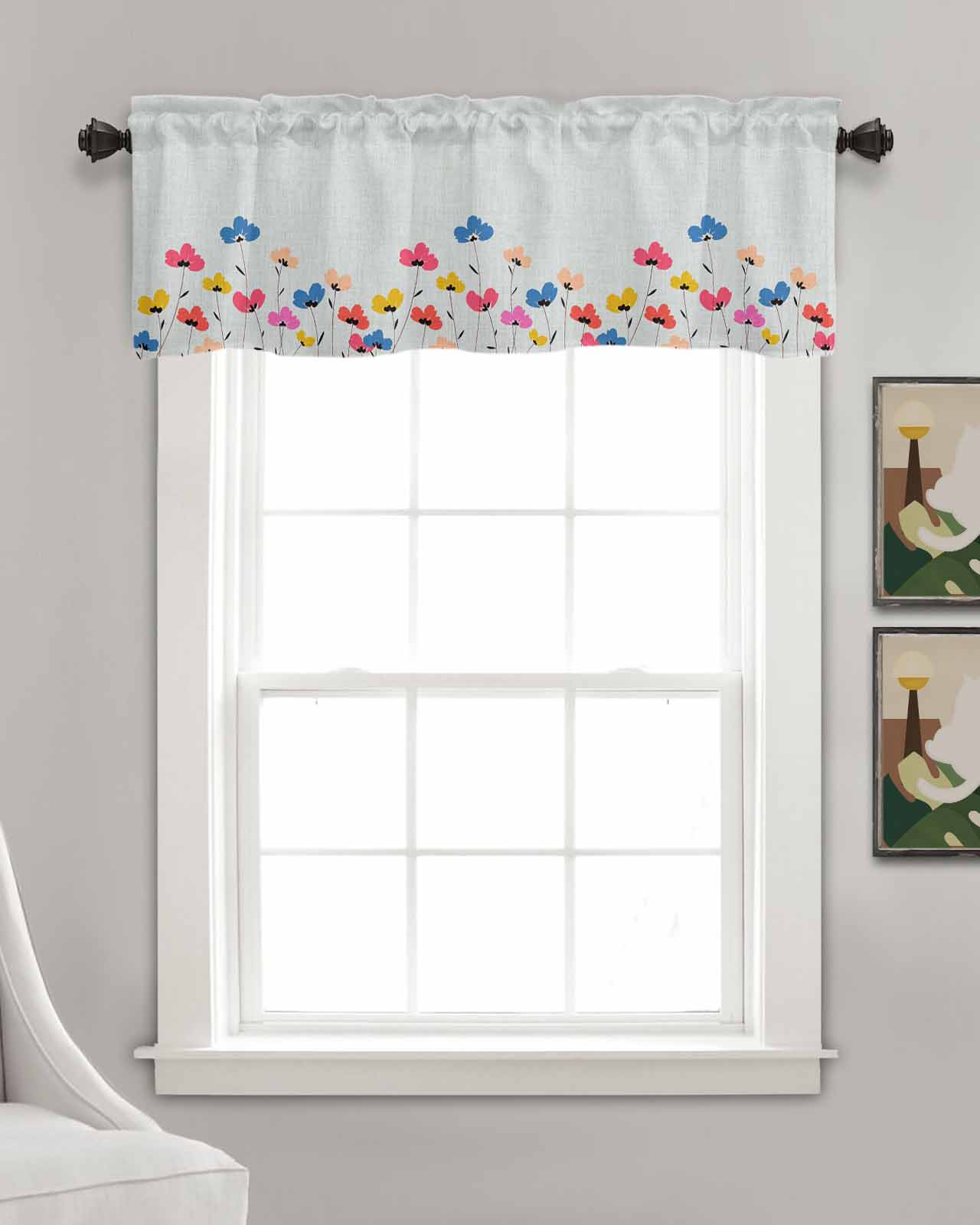 Spring Summer Floral Linen Curtain Valance for Bedroom/Bathroom/Kitchen/Office/Living/Dining Room Window,Farmhouse Flower Herb Rod Pocket Topper Decorative Cafe Drapes Panel 54"x18"