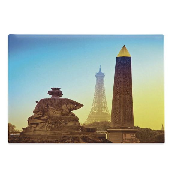 Eiffel Tower Cutting Board, France Place De La Concorde Obelisk and the Landmark of the City, Decorative Tempered Glass Cutting and Serving Board, Large Size, Caramel Yellow Blue, by Ambesonne