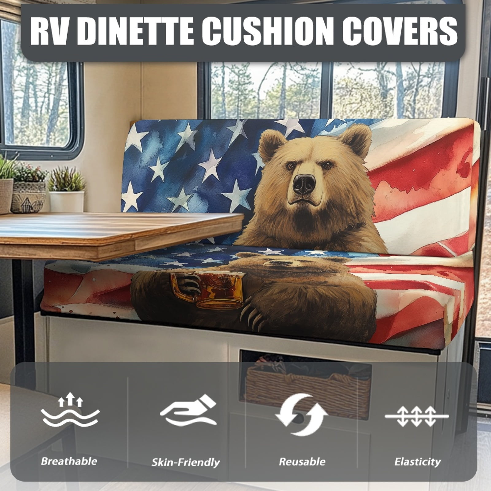 FOR U DESIGNS Bear Beer American Flag Pattern 2 Pcs RV Dinette Cushion Covers Anti-Slip Camper Cushion Slipcover Waterproof RV Couch Cover Sofa Slipover for Travel Trailer Couch