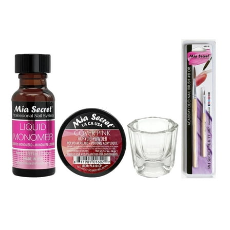 Mia Secret - Liquid Monomer 0.5oz   Cover Acrylic Powder Pink 0.5oz   Dappen Dish   Academy Duo Nail Brush #8 OR - COMBO