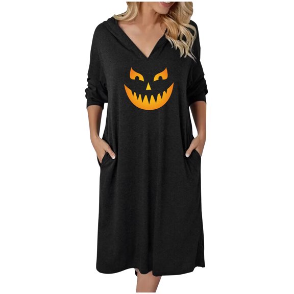 Edvintorg Halloween Dress Shirts for Women V Neck Women's Hooded Casual Dress Fashion Long Sleeve V-Neck Large Dresses with Pocket