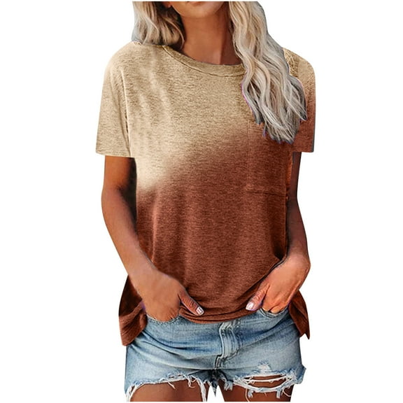 Tops for Women Tie-dye Pocket Crewneck Short Sleeve Tees T-shirt Ladies Beach Blouse Tunic Tops Women's Summer Clothes