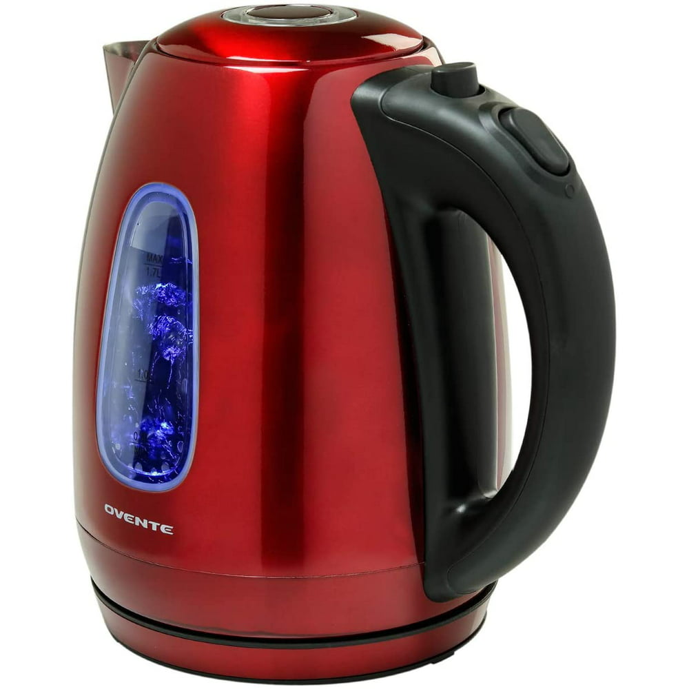 Ovente Electric Hot Water Kettle 1.7 Liter Stainless Steel with LED Indicator Light, 1100 Watt Power Fast Heating Element, BPA-Free Boil Dry Protection & Auto Shut-off, for Coffee & Tea, Red KS96R