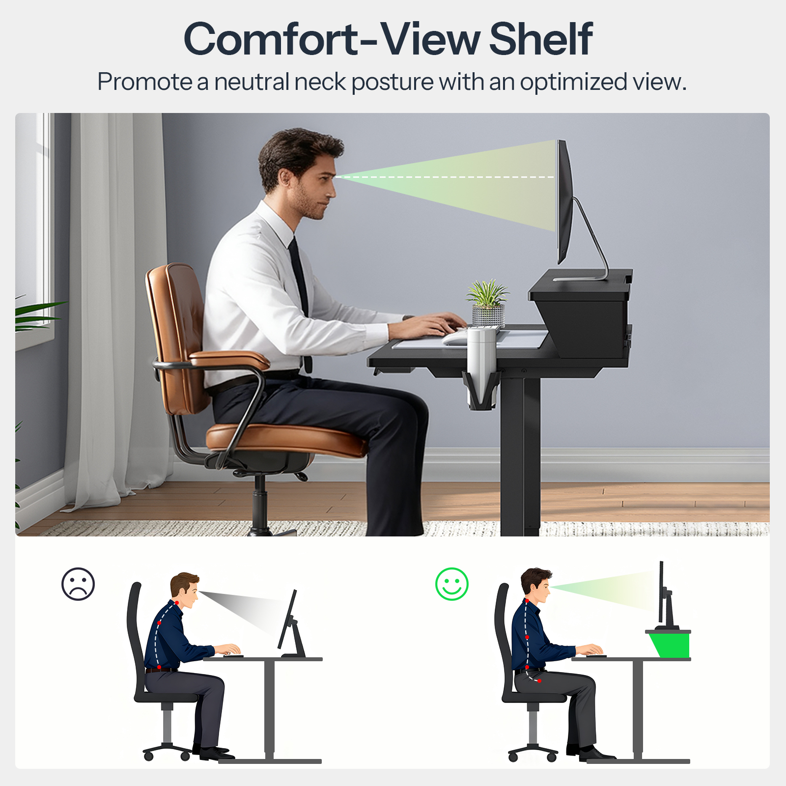 Adjustable Standing Desk with Charging Station - 3 Memory Presets Monitor Shelf Black Gray