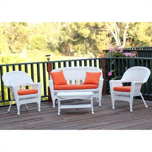 Jeco 4pc Wicker Conversation Set in White with Brick Orange Cushions