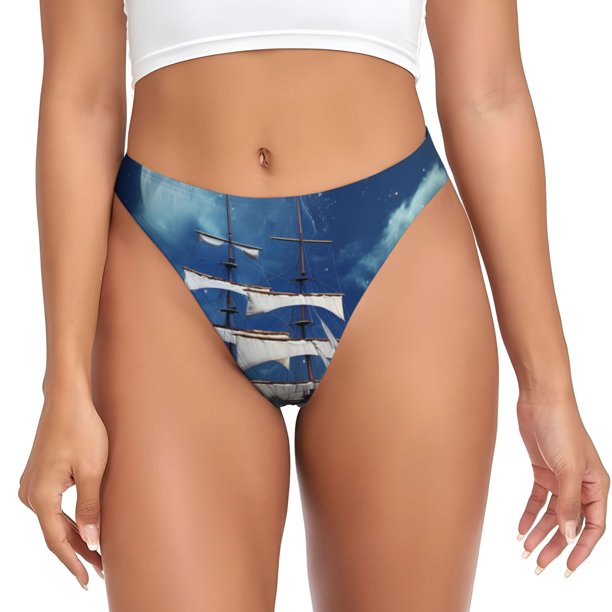 Fotbe Moonlit Night Sea Sailboat Tanga Sin Costuras para Mujer con Estampado – Panties Invisibles, Transpirables y Cómodos para Uso Diario-Large