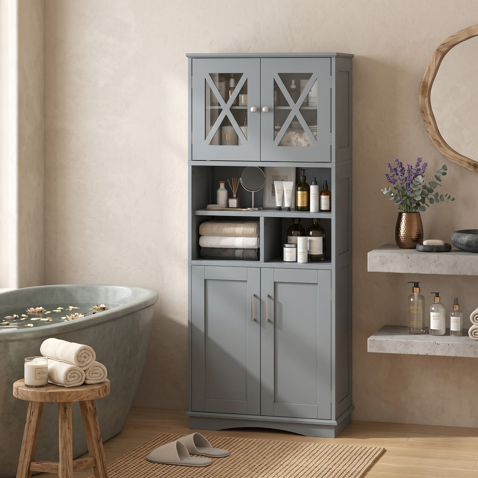 ALPULON Tall Bathroom Storage Cabinet, Freestanding Floor Linen Tower with Acrylic Doors, 3 Adjustable Shelves and 3 Open Cubes, MDF Organizer for Bathroom, Gray