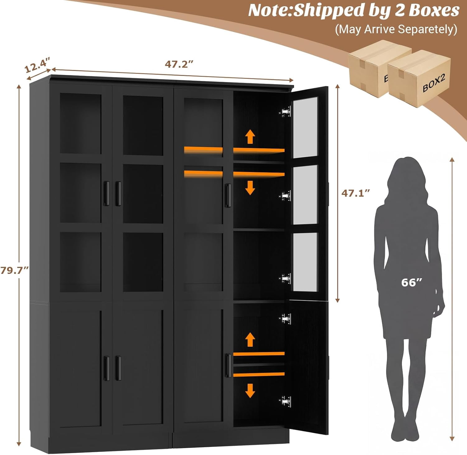 Homieasy 47.2'' Pantry Storage Cabinet 2-Piece Set, 79.7'' Tall Freestanding Kitchen Storage Cabinet with Glass Doors and Adjustable Shelves, Black