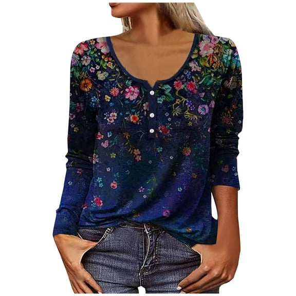 IROINNID Womens Plus Size Tops Winter V Neck Long Sleeve Tops Printed Regular Blouse,Dark Blue