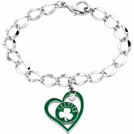 NBA Women's Swarovski Crystal Fine Silver-Tone Boston Celtics Heart Charm Bracelet