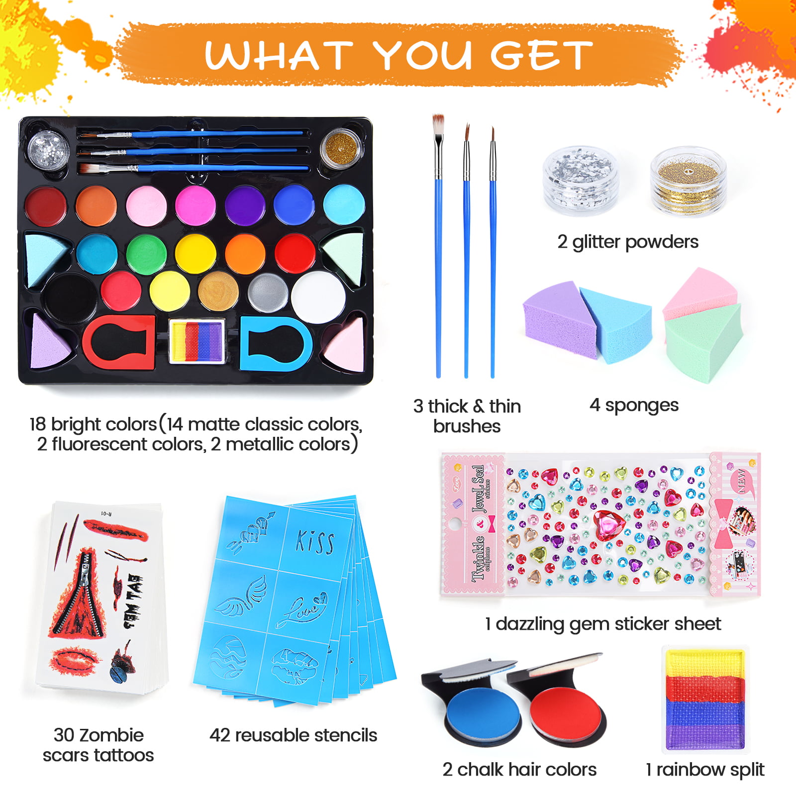 Miserwe Face Paint Kit-18 Colors,40 Stencils,1 Silver Sticker,2 Glitter  Powder,4 Brushes, 4 Sponge Kit Professional Safe Non-Toxic Washable Body 