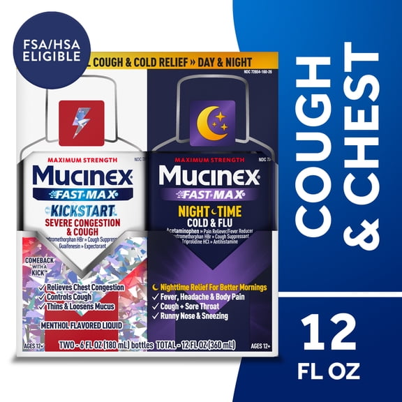 Mucinex Fast-Max Severe Congestion and Cough and Nighttime Cold and Flu Liquid, 2 Count, 6 fl oz Each