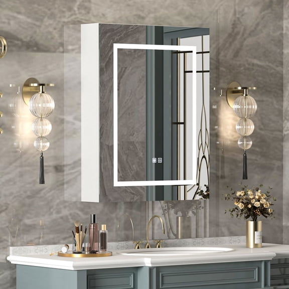 LED Lighted Medicine Cabinet With Mirror, 3 Shelves, Wall Mounted, 24x30 Inch, White Frame With Left Hinge