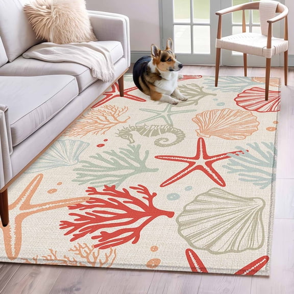Red Orange Coastal Area Rug 3x5 Washable Rug Non Slip Summer Beach Starfish Coral Nautical Rustic Large Area Rug Indoor Floor Carpet for Entryway Bedroom Kitchen Living Room Home Office Dining Room